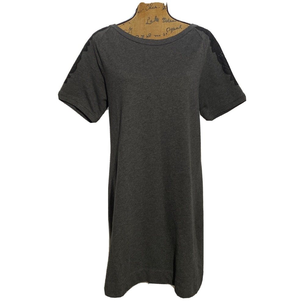 Ann Taylor LOFT Dress MED Charcoal Gray Black Lace Short Sl Shift‎ Comfy Casual